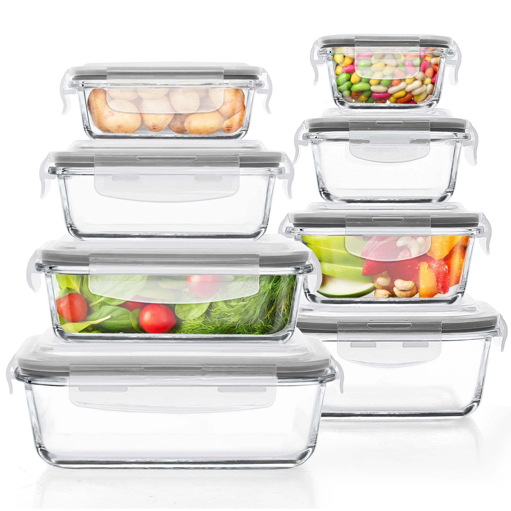 16 Pcs Glass Food Storage Containers, Meal Prep, Airtight Lunch Boxes with Leak Proof Locking Lids, Microwave/Oven/Freezer/Dishwasher Safe, BPA Free - Grey