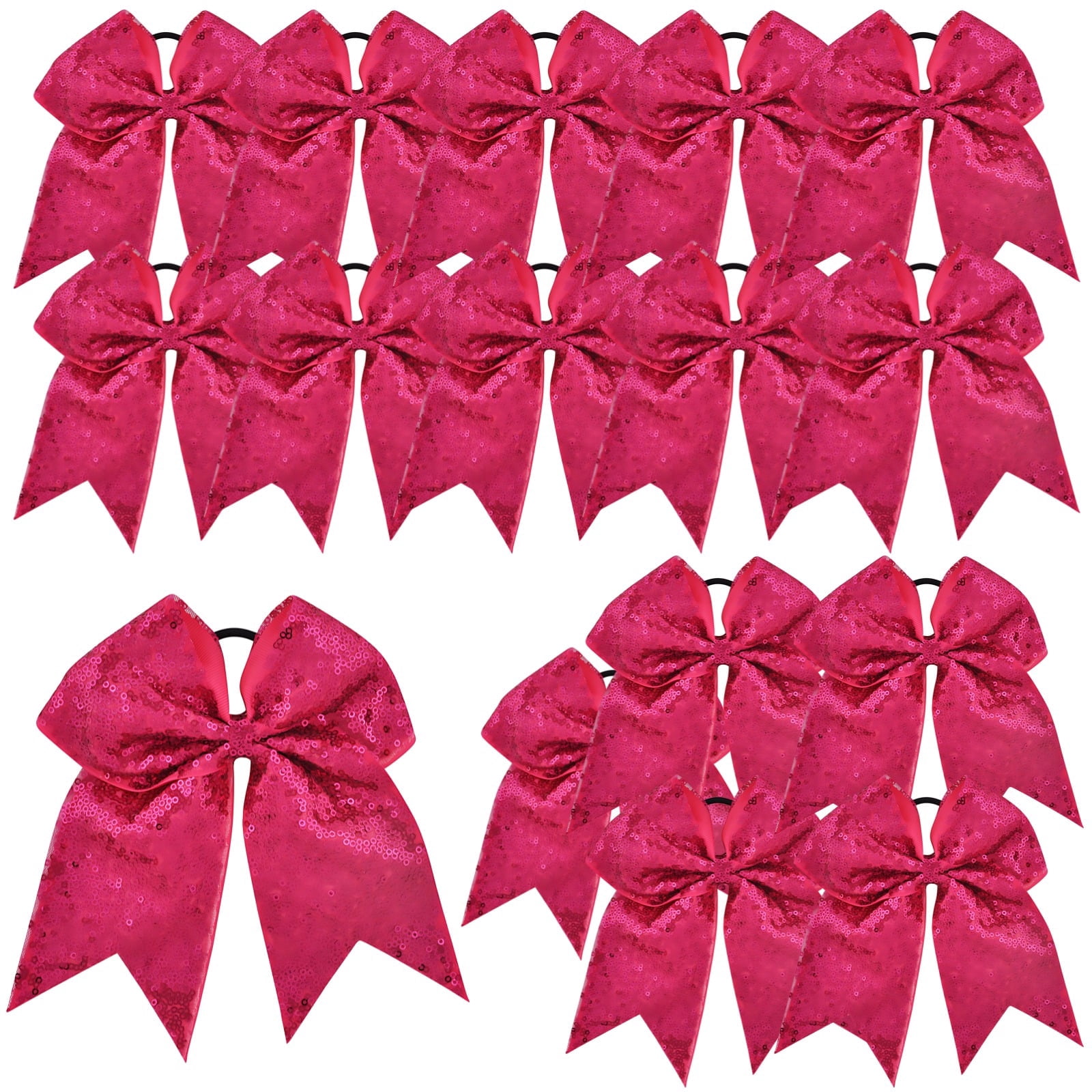 16 Pcs Hot Pink Glitter Cheer Bows, 7.5 Inch Large Sequins Ponytail Holders for Cheerleading, Sports, Dance, Elastic Hair Ties for Women and Ladies