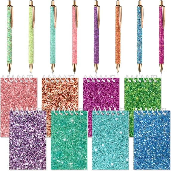 16 Pcs Glitter Pens and Notebooks Glitter Pocket Notepad Mini Notebooks for Fancy Pens for Women Colorful Ballpoint Spiral Notepads for Back to Gifts(Classic Color)