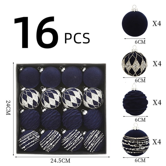 16 Pcs Glitter Velvet Christmas Balls Ornaments, 2.36 Inch Flocked Xmas Ball Set with Exquisite Textured, Shatterproof Hanging Pendants Ornaments for Christmas Tree Decoration