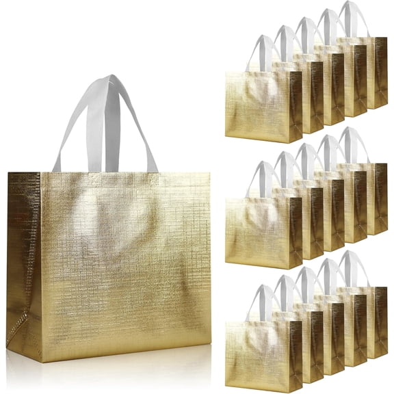 16 Pcs Glossy Gold Reusable Gift Bags, Metallic Bling Design Holiday Goodie Bags with Handles & Bases, Non-woven Gift Bag Bulk for Birthday, Wedding,Father Day and Mother Day- 12.6x4.7x11 In