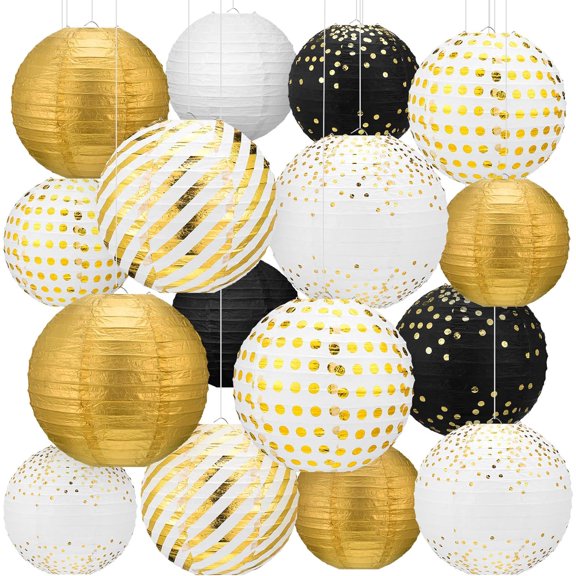 16 Pcs Gold Black Lanterns Hanging Paper Round Lantern Decorations for Graduation Christmas New Years Wedding Birthday Party Favor Supplies(Exquisite,Black Gold)