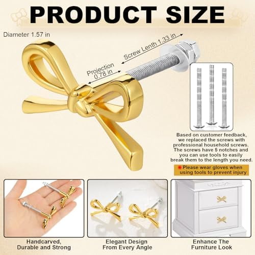 16 Pcs Gold Bow Drawer Knobs Metal Bow Knobs for Dresser Vintage Dresser Handles Pulls Gold Cabinets Handles for Home Bedroom Kitchen Cabinets Hardware Cupboard, 1.6 x 1 Inches