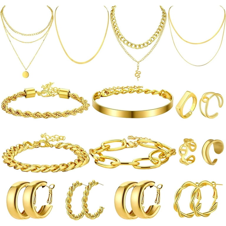 16 Pcs Gold Jewelry Sets for Women Adjustable Elegant Golden Costume Jewelry Necklaces Bracelets Earrings Knuckle Rings Perfect for