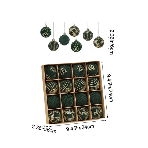 16 Pcs Green Flocked Christmas Ball Ornaments,2.36in Velvet Suede Baubles with Gold Glitter Snowflake & Line Patterns,Textured Hanging Balls for Xmas Tree Winter Holiday Xmas Party Decor