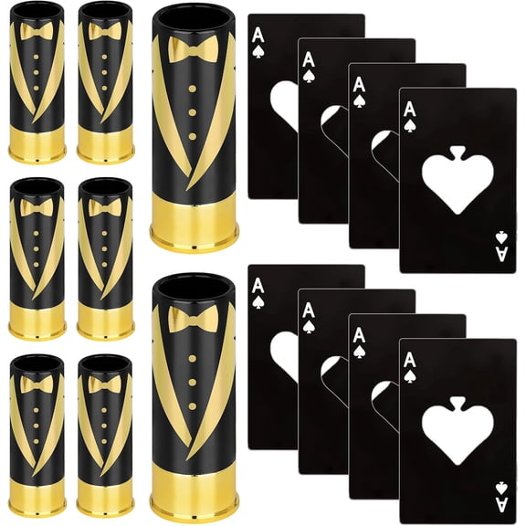 16 Pcs Groomsmen Gifts for Men,8 Custom Shot Glasses with 8pcs Stainless Steel Credit Card Size Poker Bottle Openers for Wedding Bachelor Party Favors Groomsmen Proposal Gift