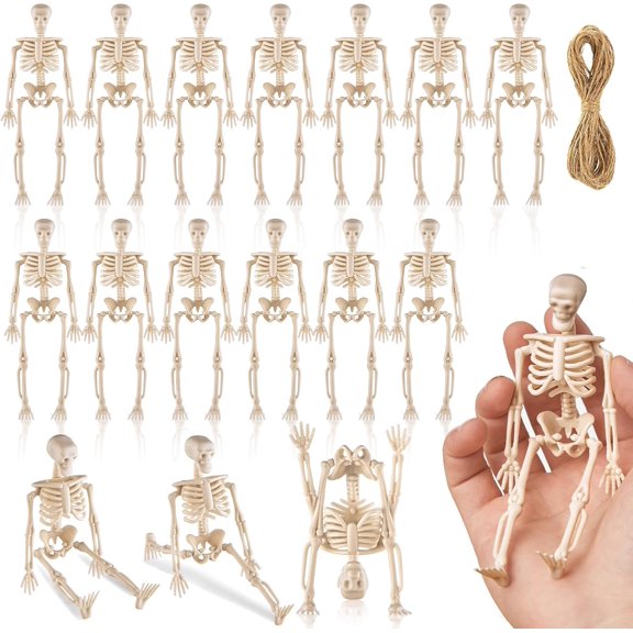 16 Pcs Halloween Mini Skeleton Figurine Decoration,6”Halloween posable Skeleton Decor,Small Plastic Skeleton Figure for Spooky Home Decor Haunted House Decorations Party Favors