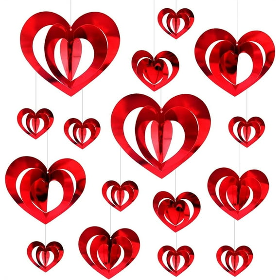 16 Pcs Heart Hanging Foil Decorations,Valentine's Day Swirl Red Heart Ornaments,3D Hollow Love Pendants,Double-Sided Glitter Garland,for Wedding Anniversary Birthday Party