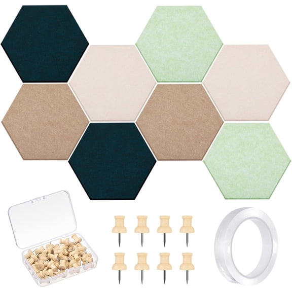 16 Pcs Hexagon Cork Board for Walls with 50 Wooden Push Pins 12x10 in Felt DIY Tiles Notice with Nano Tape Hanging Bulletin Board  (Green)