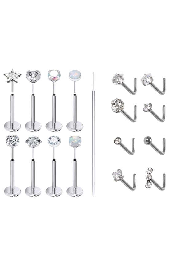 16 Pcs Hypoallergenic Piercing Jewelry Set with 1 Taper, 20G Implant-Grade Titanium & Surgical Steel, L-Shape & Flat Back Nose Rings and Studs, CZ & Opal Designs for Sensitive Skin