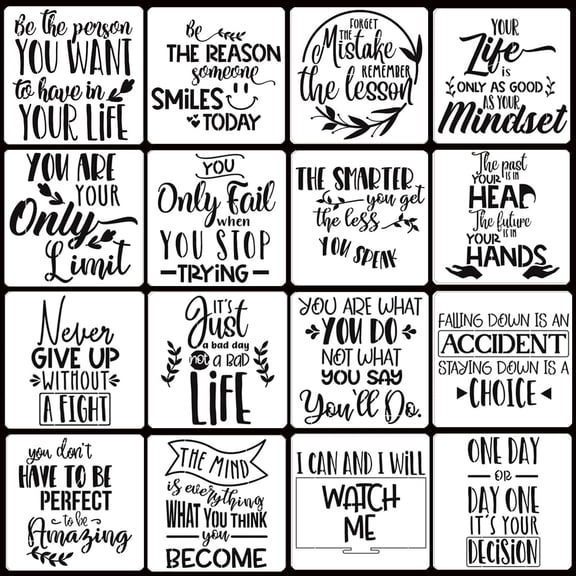 16 Pcs Inspirational Word Stencils, Quote & Phrase Sayings Templates, Craft Stencils for Painting on Wood, Wall, Canvas, Fabrics, Paper & Home Signs - Reusable 7.87 x 7.87 Inches