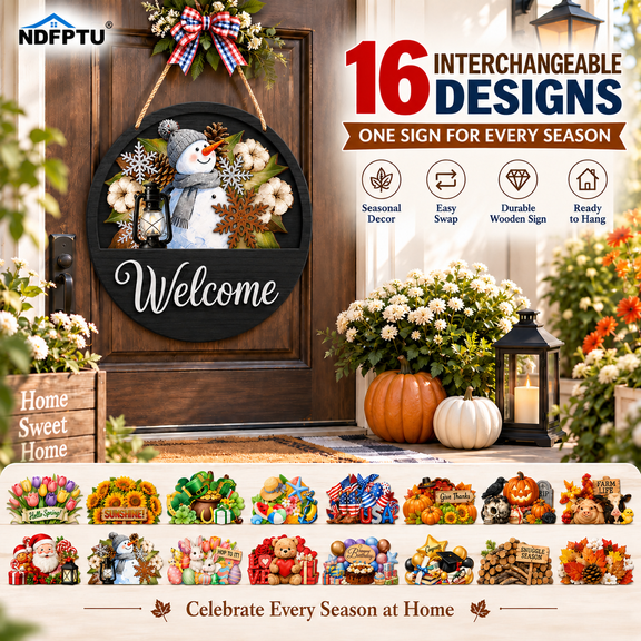 16 Pcs Interchangeable Welcome Sign for Front Door with 16 Seasonal Inserts 12 Inch Wooden Welcome Door Sign Seasonal Wreath Decor for Porch Home Farmhouse Holiday Decoration