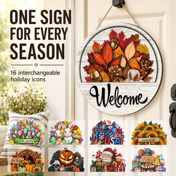 16 Pcs Interchangeable Welcome Sign for Front Door, MultiTheme Seasonal Hanging Set, Thoughtful Decor Piece for Entry Space and Holiday Gift Giving