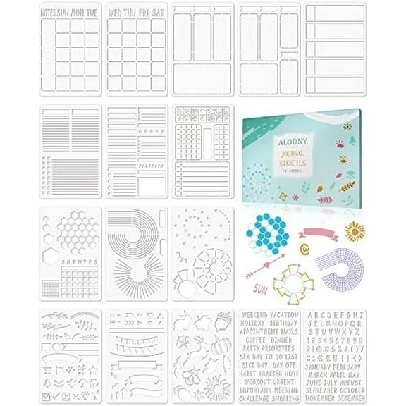 16 Pcs Journal Stencils Set - Time Saving Bullet Journaling Supplies/Accessories Kit - Productivity Planner Stencil for Bullet Journal Stencils A5 Dotted Journals$$