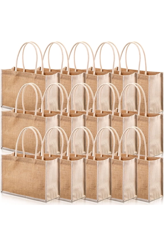 16 Pcs Jute Tote Gift Bags Natural Burlap Grocery Shopping Bag Beach Tote with Handle for Bridesmaid Wedding Travel