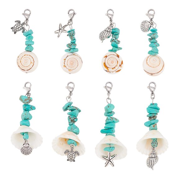 16 Pcs Key Chain Charms Natural Shell and Turquoise Chip Pendants European Dangle Charms Women Ladies