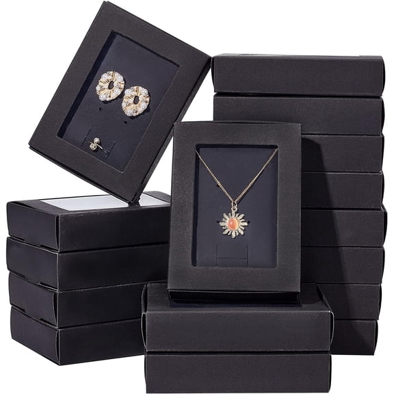 16 Pcs Kraft Paper Drawer Box with Clear Window 4.5x3.4x1 inch Black Cardboard Jewelry Boxes Jewelry Gift Boxes Rectangle Gift Box for Earring Rings Necklace Storage and Display DIY