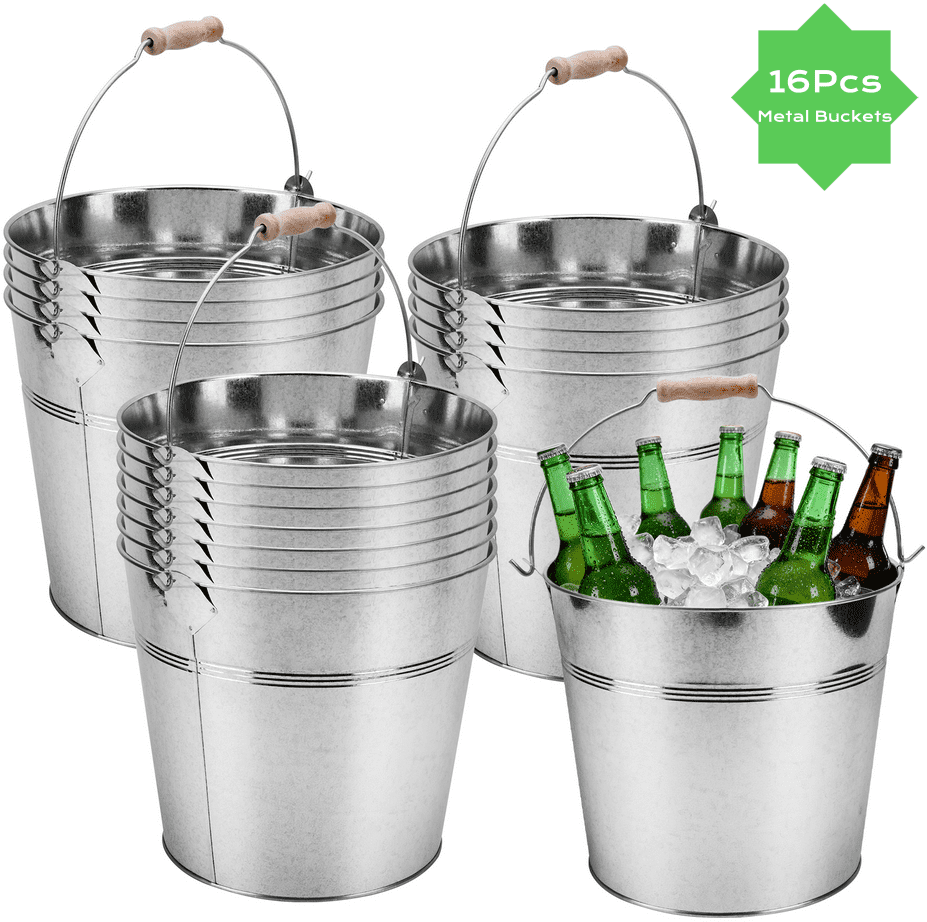 16 Pcs Large Metal Bucket Beer Bucket Galvanized Steel Pail with Handle for Plants, Succulents, Party Favors Organizing Home Parties Bar Cooling Supplies (9.84 x 8.66 x 7.87 Inch,Silver)