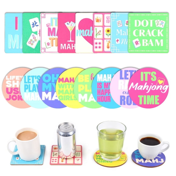 16 Pcs Mahjong Cup Mat 3.94" x 3.94" Cup Mat Colorful Mah Jong Present and Accessories Table Game or Game Night Party Supplies Decoration (Cute)