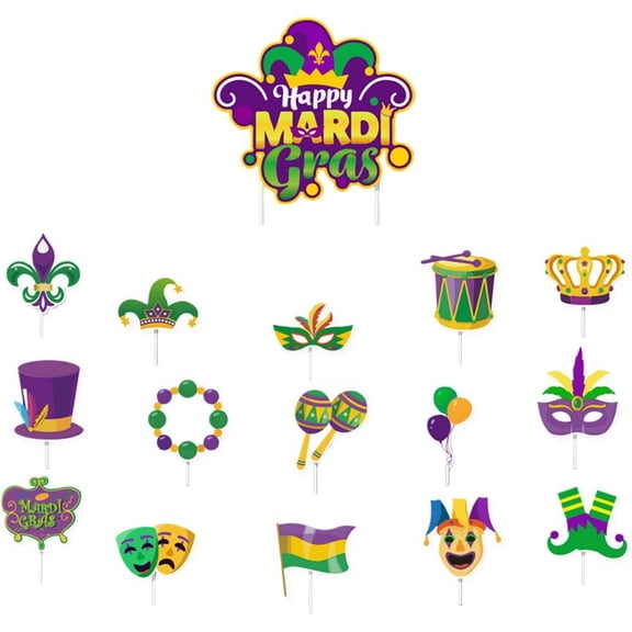 16 Pcs Mardi Gras Cupcake Toppers and Cake Toppers Cake Decorations Food Fruit Picks for Masquerade Carnival Birthday Party Decorations