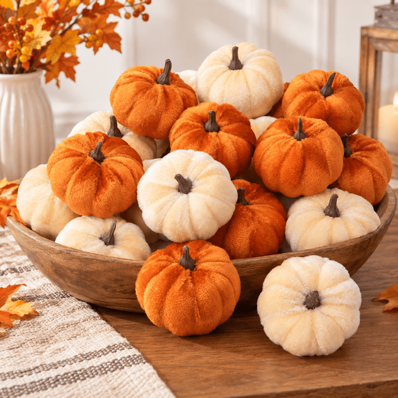 16 Pcs Mini Artificial Velvet Pumpkin Halloween Fake Pumpkins Decor