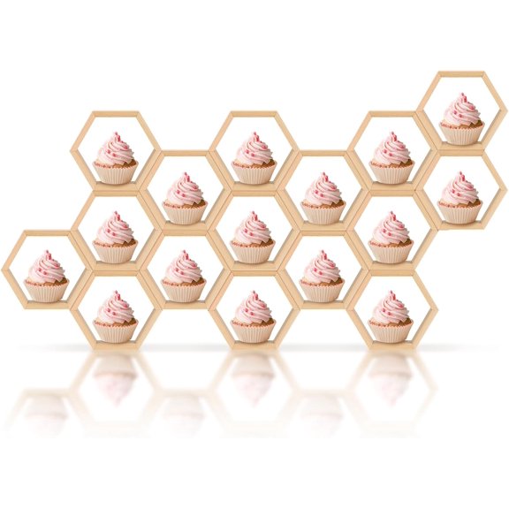 16 Pcs Mini Honeycomb Cupcake Stand Wooden Hexagon Cake Display Holder Farmhouse Hexagonal Floating Table Sign for Baby Shower Birthday Party(Wood Color)
