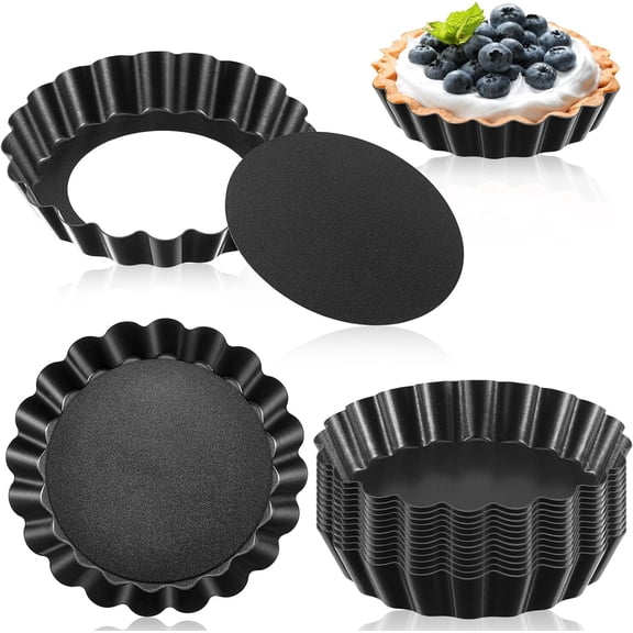 16 Pcs Mini Tart Pans for Baking, 4 Inch Quiche Pans with Removable Bottom, Nonstick Egg Tartlets Molds Fluted Side Bakeware for Pie Fruit Tart Cheesecake Dessert (Black Gray Round)
