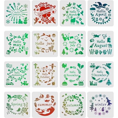 16 Pcs Monthly Stencils Drawing Painting Templates Sets