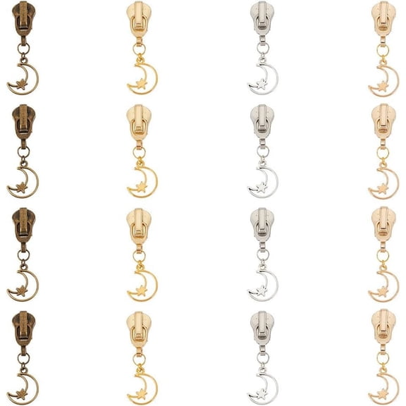 16 Pcs Moon Star Metal Zipper Slider Replacement Moon Star Zipper Pulls Alloy Zipper Repair Kit Zipper Pulls with Moon Star Shaped Pendant for Purse Handbag Craft Sewing - 4Colors for DIY