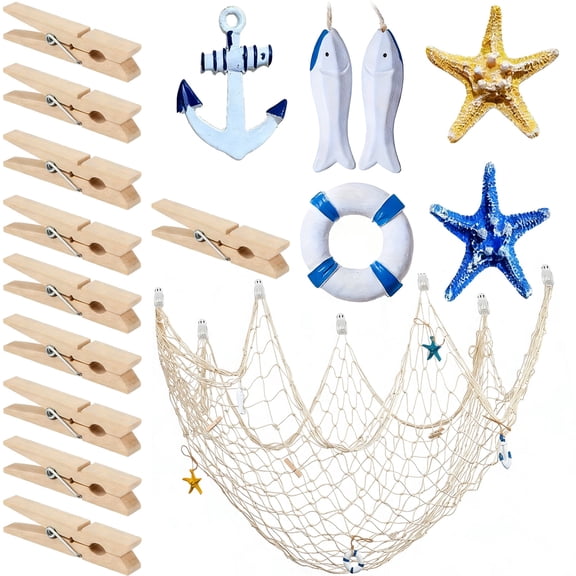 16 Pcs Nautical Fishing Net Decor Set, Ocean Themed Party Decor, 39.37 x 78.7 in Fish Net, Resin Starfish Seashells, Wall Hanging Mediterranean Style for Photo Display, Home Decoration