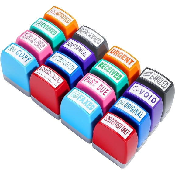 16 Pcs Office Stamps Set, Paid Copy Scanned Entered Received Faxed Void Stamp for Deposit Only Stamp and More with Storage Tray, Message Self Inking Rubber Stamp Kit for Business Supplies