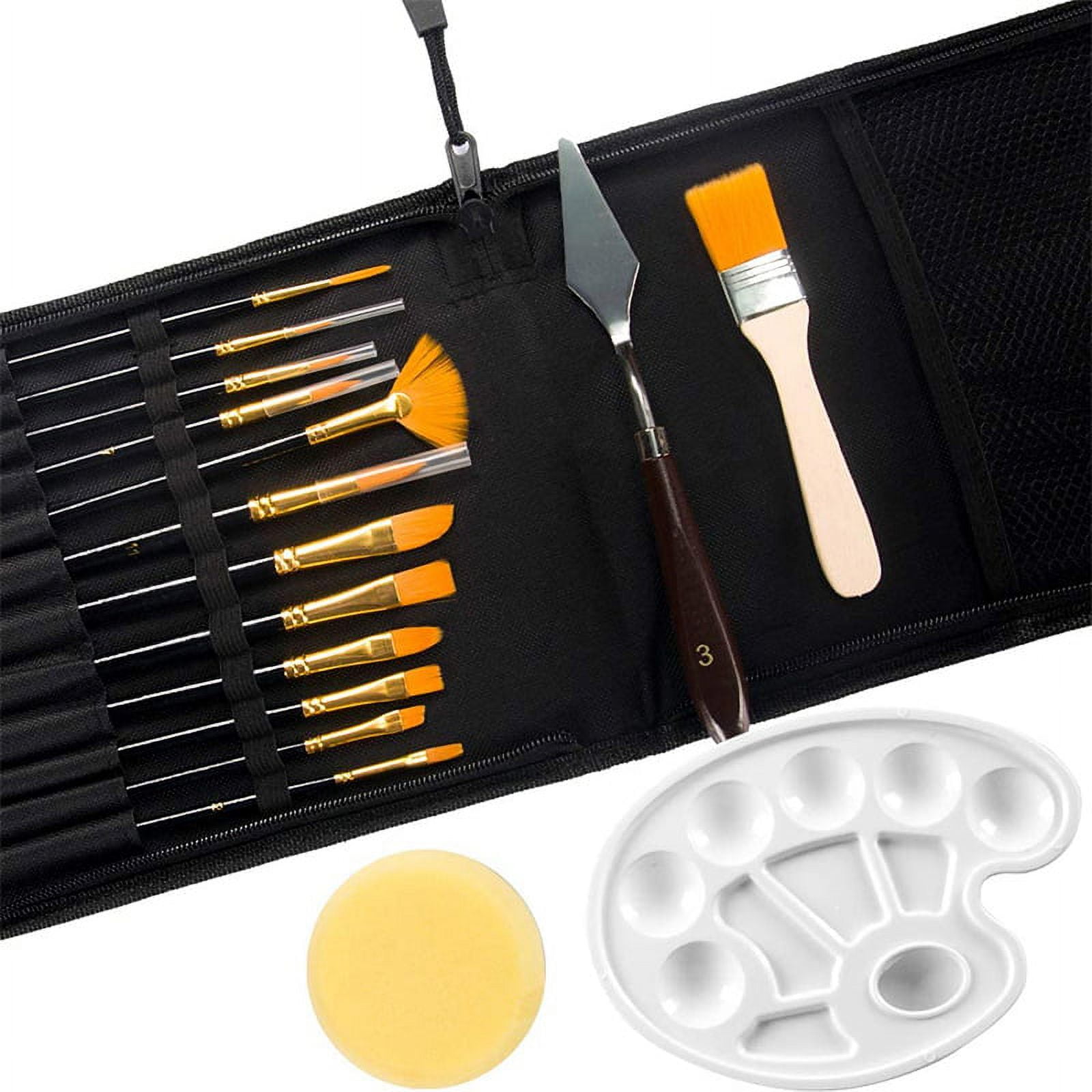 16 Pcs Paint Brushes Set 12 Sizes Painting Brush with Palette Knife, Sponge and Oil Tray for Acrylic, Watercolor, Yellow