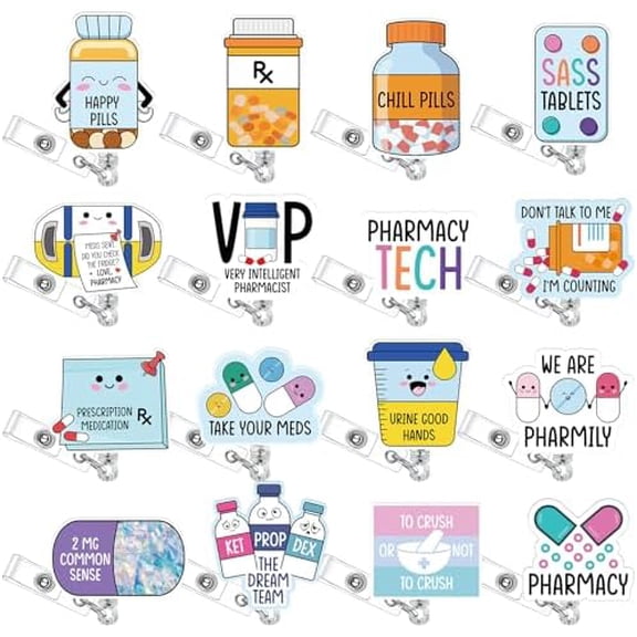 16 Pcs Pharmacy Badge Reel Funny Pharmacy Technician Gifts Retractable Pharmacist Badge Holder with ID Clip for Nursing Student Teacher Doctor Medical Assistant Work Office Supplies$$Office