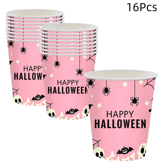 16 Pcs Pink Halloween Paper Cups, Cute Disposable Drinkware for 16 Guests, Pastel Spooky Skull Bat Birthday Baby Shower Party Supplies