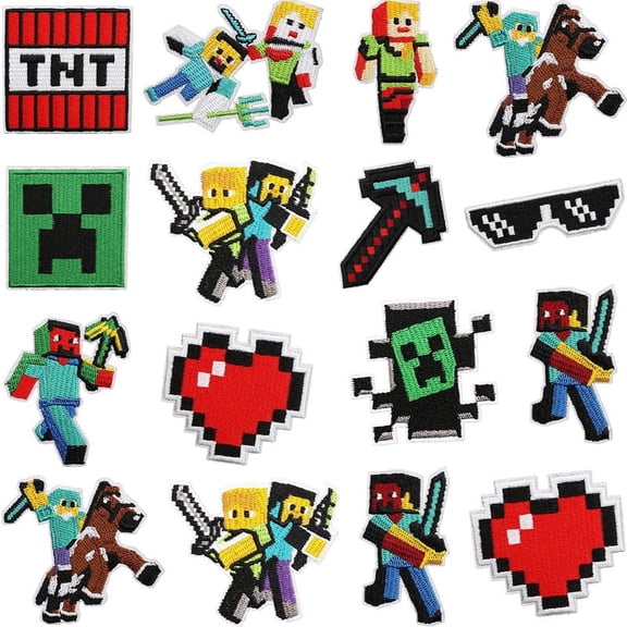 16 Pcs Pixel Block Embroidered Iron-On Patches - Retro 8-Bit Game Appliques with Hearts, Characters & Animals for Backpacks, Jackets & Hats - DIY Heat-Transfer Embroidery Set for Gamers & Crafters