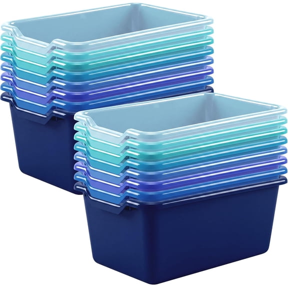 16 Pcs Plastic Book Bins Scoop Front Stackable Storage Tubs for Classroom Library Cubby Toys Books Organization Blue Series