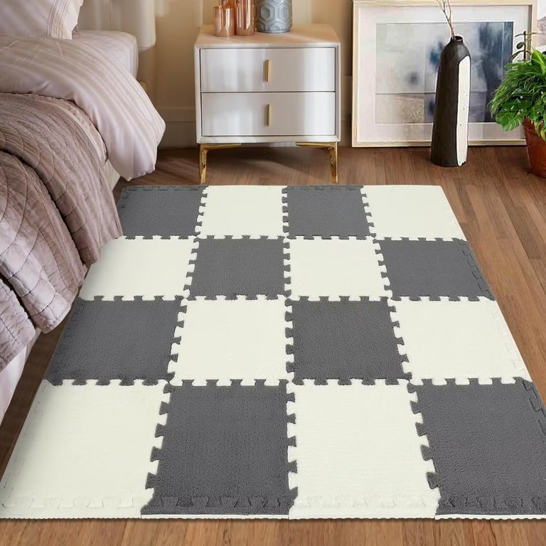 10-Pack Fluffy Interlocking Carpet Tiles - Plush Foam Play Mat Squares, Blue & White, Easy Clean Floor Protection (11.8x11.8 In)