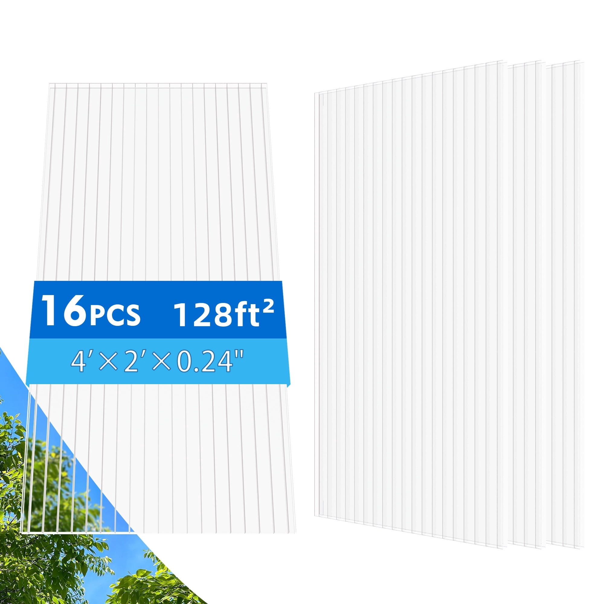 16 Pcs Polycarbonate Greenhouse Panels, 4’ x 2’ x 0.24” Polycarbonate Sheet, Twin-Wall Plastic Panels for DIY Cold Frame & Pergola Roof, Window, Wall