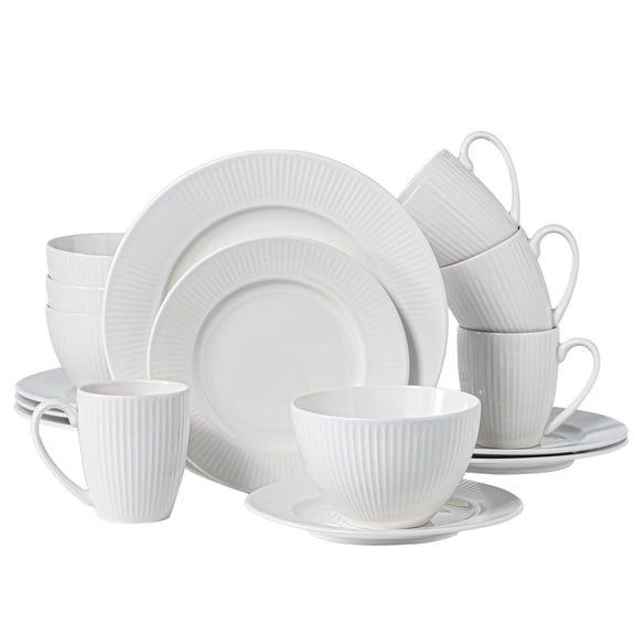 16 Pcs Porcelain Dinnerware Sets for 4, Kitchen Plates and Bowls Sets with Mugs, Microwave and Dishwasher Safe, Dish Sets with Embossed Stripe, QOMO-1996