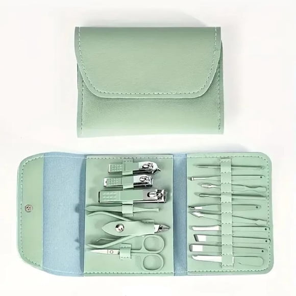 16 Pcs Portable Stainless Steel Nail Clippers Manicure and Pedicure Tool Set,Nail Scissors Grooming Kit for Travel and Household-Matcha Green