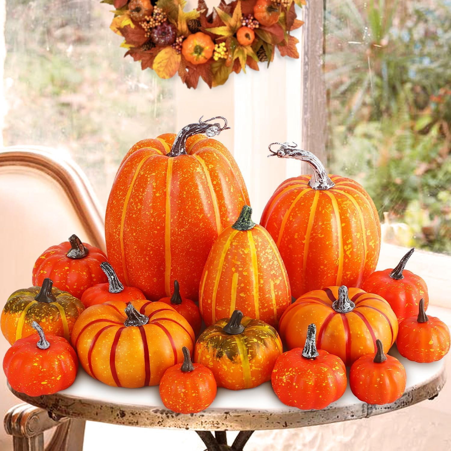 16 Pcs Pumpkin Fall Decorations, Decorative Large Small Outdoor Orange