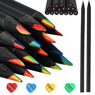 16 Pcs Rainbow Pencils, Colored Pencils 7 In 1, With 4 Sharpeners, Colored Pencils For Children Adults, Rainbow Pencils For Drawing, Sketching, Coloring, School - Black