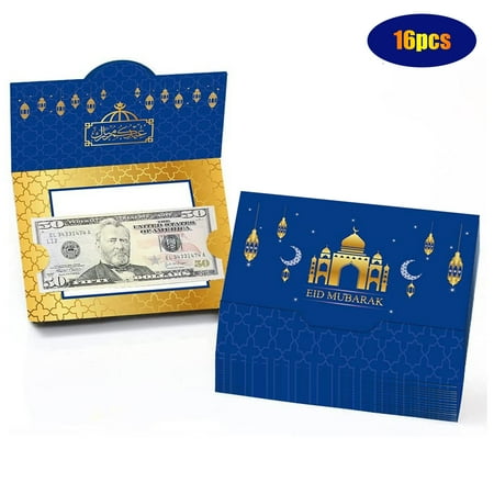 16 Pcs Ramadan Eid Mubarak Money and Gift Card Holders, Blue Gold Star and Moon Mosque Money Gift Envelopes for Ramadan Mubarak Holiday Greeting Card Envelope Muslim Party Supplies