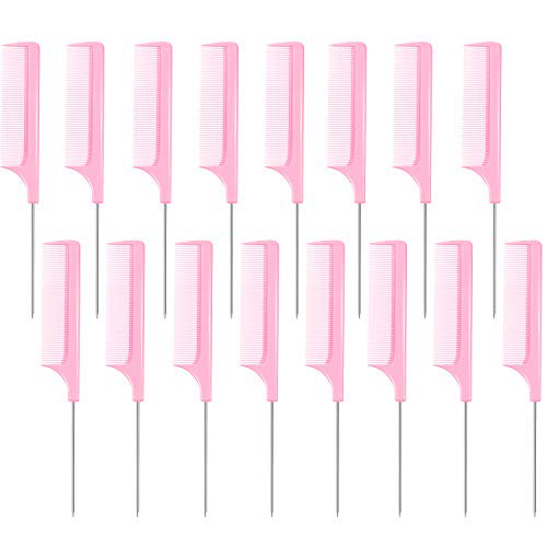 16 Pcs Rat Tail Comb Parting Rattail Comb Foiling Steel Pin Fine Tooth Fiber Heat Resistant Teasing Pintail Combs Women(Pink)