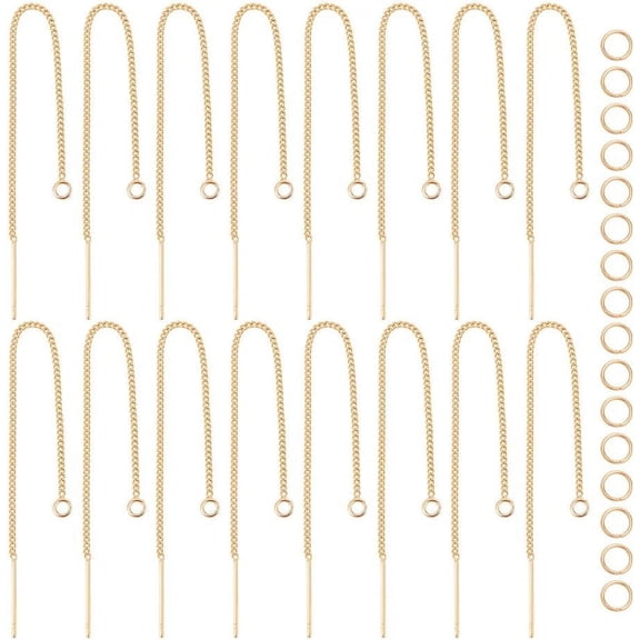16Pcs Real 18K Gold Plated Brass Ear Threads with 16 Pcs Open Jump Rings Drop Dangling Threaded Long Chain Ear Thread Findings