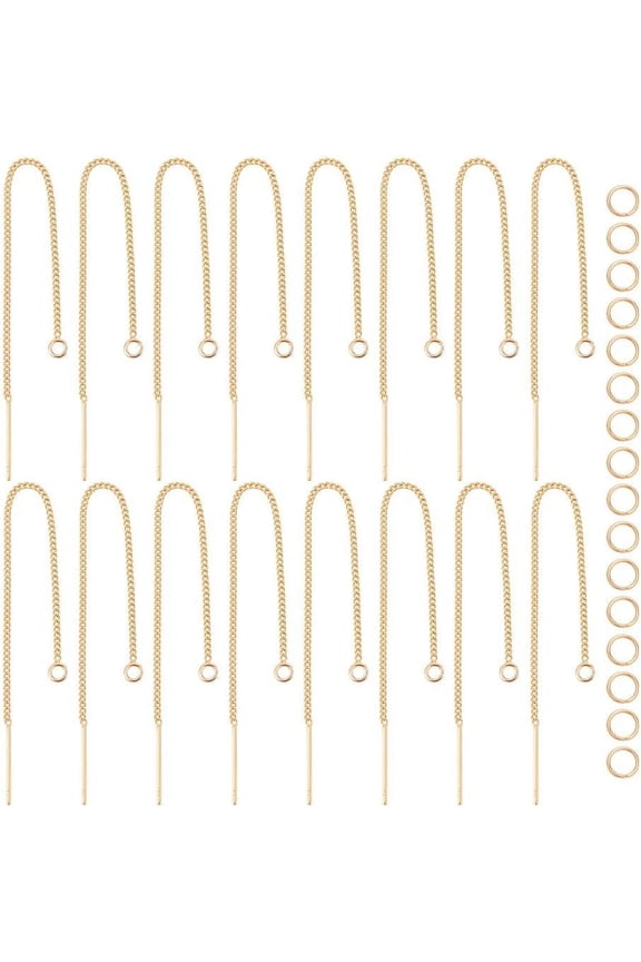 16Pcs Real 18K Gold Plated Brass Ear Threads with 16 Pcs Open Jump Rings Drop Dangling Threaded Long Chain Ear Thread Findings