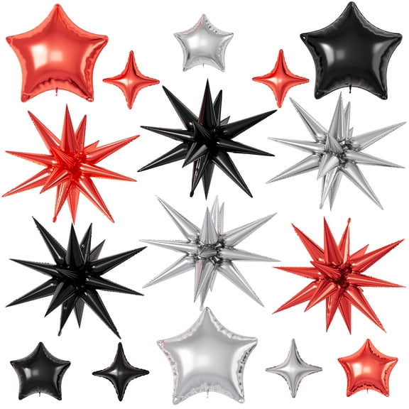 16 Pcs Red Black Silver Star KKS1Balloons,22/18/10 Inch Foil Balloons, Explosion Cone Star-Shape Four-Pointed Balloon for Birthday Graduation Prom Wedding Baby Shower Movie Party Decorations