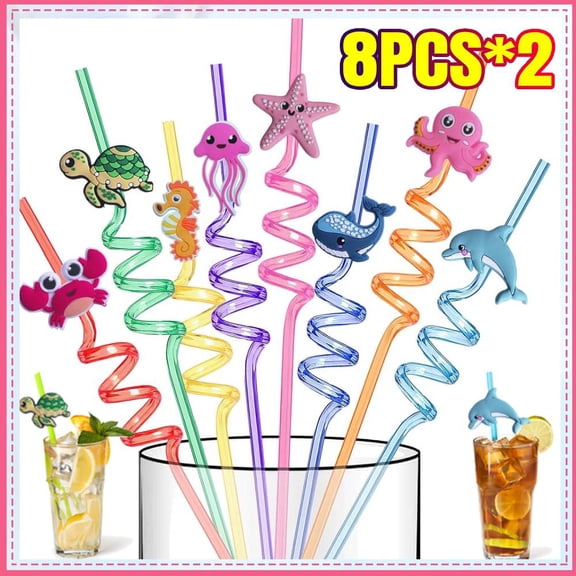 16 Pcs Reusable Ocean Animal Straws, Sea Animal Plastic Straws, Sea Creature Twisted Straw for Summer Under the Sea Party Supplies, Ocean-themed Party
