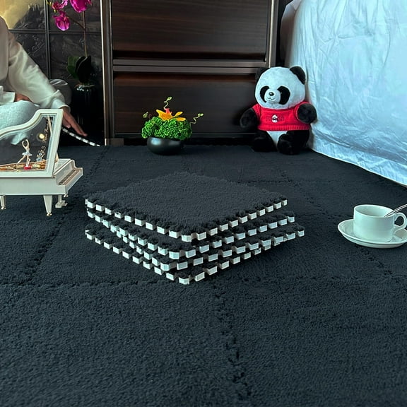 16 Pcs Shaggy Interlocking Foam Carpet Tiles - 12" x 12", 16 Sq,Ft Kids Carpet Squares Protective Floor Mats Crawling Exercise Area Rugs for Children Room, Home or Classroom Use, Black