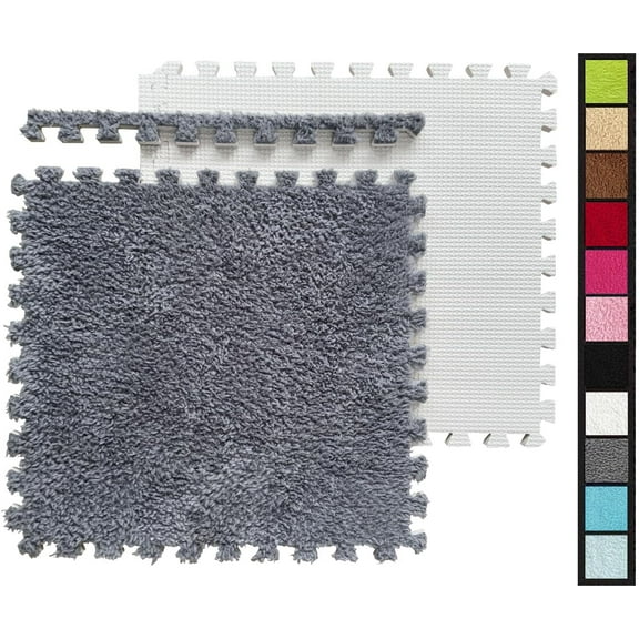 16 Pcs Shaggy Interlocking Foam Carpet Tiles - Coverage 49” x 49”, Kids Carpet Squares Protective Floor Mats Crawling Exercise Area Rugs for Children Room, Home or Classroom Use, Grey